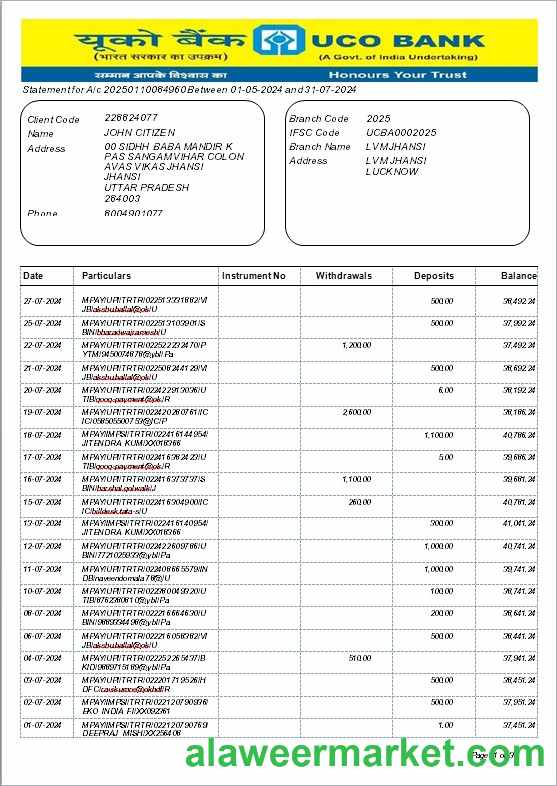 INDIA UCO bank statement template, Word and PDF format, version 2